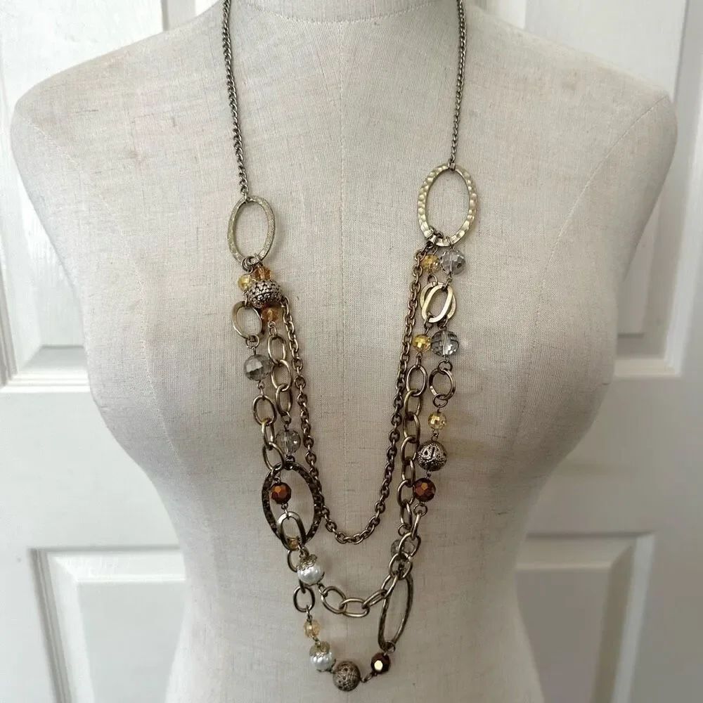 Laila Rowe triple  Strand long gold tone crystal faux pearl necklace